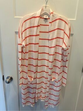 Cabi Medium White Orange Striped Open Front Cardigan Lightweight Duster Sweater